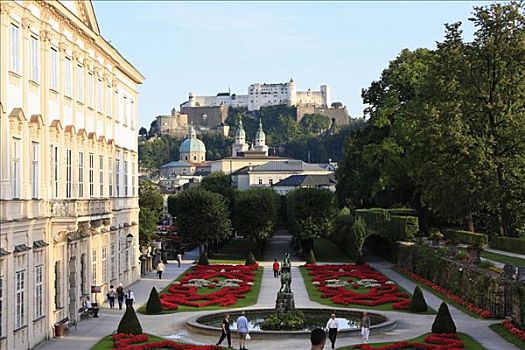 米拉贝尔,宫殿,喷泉,大教堂,霍亨萨尔斯堡城堡,萨尔茨堡,奥地利,欧洲