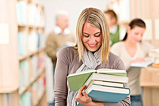 高中,图书馆,高兴,女学生,书本,读