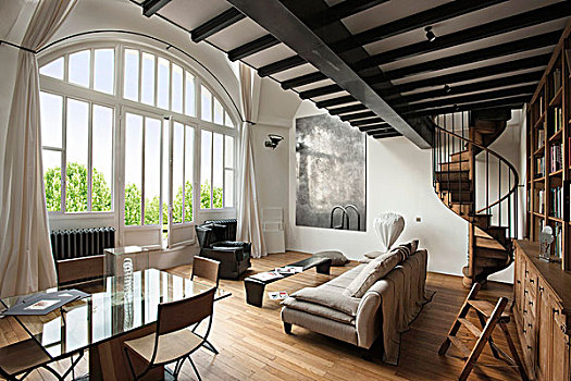大,优雅,客厅,现代,就餐,家具,简约,休闲,区域,仰视,夹楼