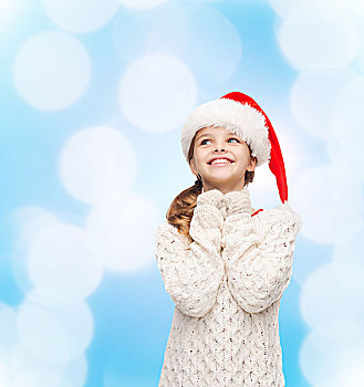 圣诞节,休假,孩子,人,概念,微笑,女孩,圣诞老人,帽子,上方,蓝色,背景