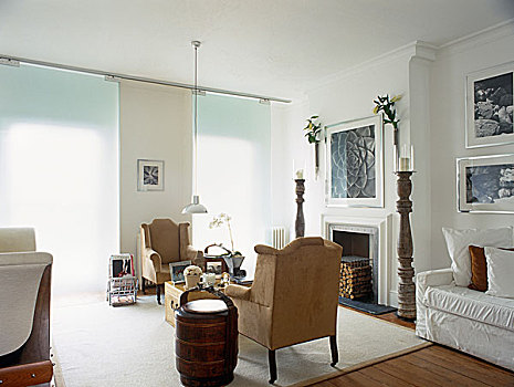 一对,软垫,椅子,正面,壁炉,传统风格,起居室