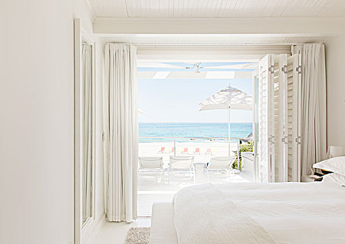 现代,卧室,远眺,海滩,海洋