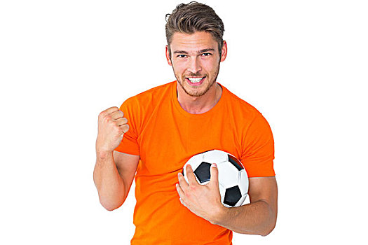 兴奋,男人,橙色,欢呼,拿着,足球