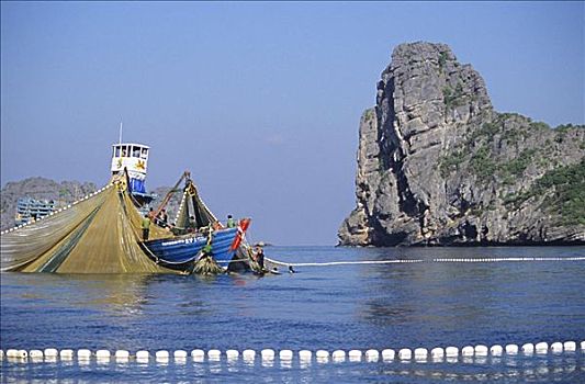 泰国,网,渔船,海洋,靠近,悬崖