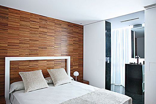 现代,双人床,白色,床头板,墙壁,木护墙板,风景,浴室