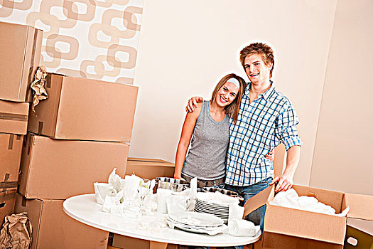 搬家,女人,盒子,餐具,新家