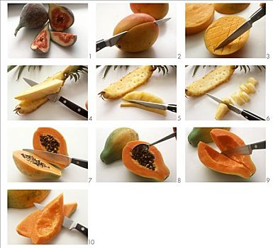 准备,水果,大浅盘,菠萝,芒果,木瓜,无花果