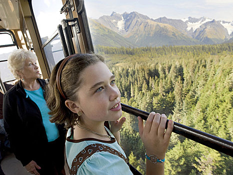 女孩,祖母,向上,胜地,缆车,景色,器具,楚加奇山,背景,阿拉斯加