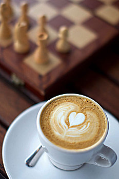 咖啡,心形,泡沫,棋盘,饮料,下棋,游戏