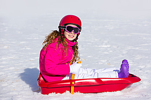 儿童,女孩,玩,雪撬,冬天,雪,头盔,护目镜
