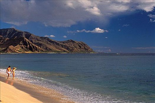 伴侣,海滩,走,水边,夏威夷