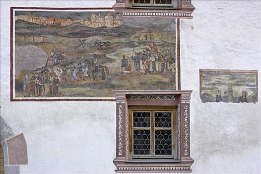 壁画,风格,老,房子,中心,上方,旅店,山谷,提洛尔,奥地利