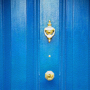 蓝色,把手,伦敦,老式,门,生锈,黄铜,钉子,亮光