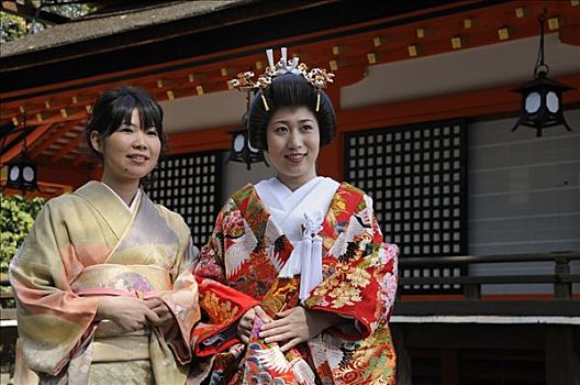 新娘,穿,传统,和服,亲属,日本神道,婚礼,神祠,京都,日本,亚洲