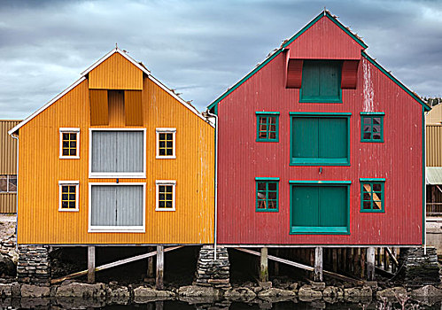 红色,黄色,沿岸,木屋,挪威