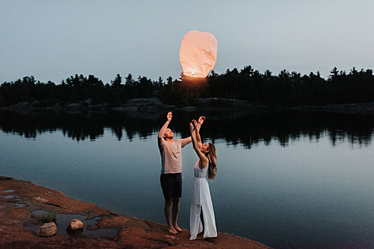 情侣,天空,灯笼,湖,阿尔冈金公园,加拿大