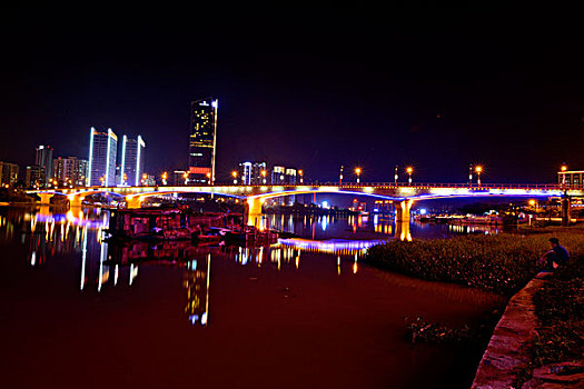 惠州,夜景,桥,江面,倒影