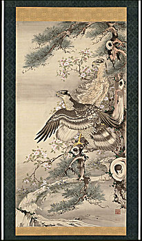 一对,老鹰,枝条,花,艺术家