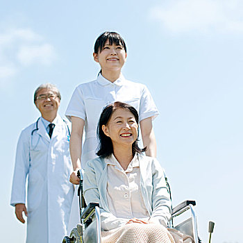 护理,推,轮椅,病人,坐,医生
