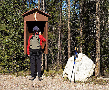 远足者,通话,户外,付费电话,碧玉国家公园,艾伯塔省,加拿大