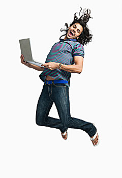 男人,跳跃,笔记本电脑