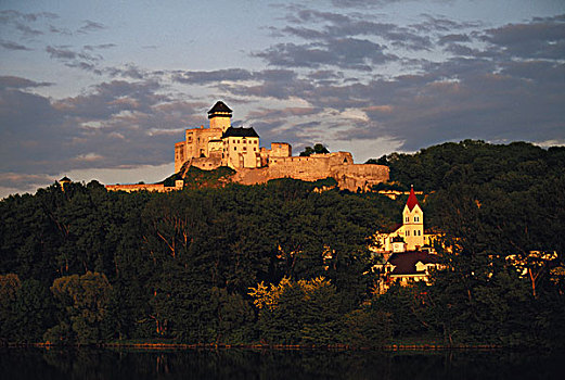 斯洛伐克,西部,反射,城堡,河,日落,大幅,尺寸