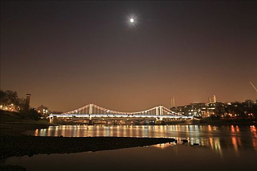 切尔西,桥,夜晚,满月,风景,银行,泰晤士河,堤,伦敦,英格兰,英国