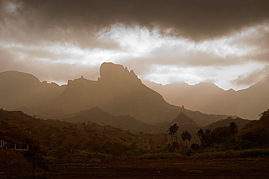 风景,佛得角,山,黄昏,圣地亚哥,非洲