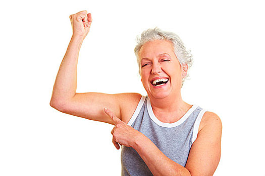 高兴,老年,女人,展示,上臂,肌肉