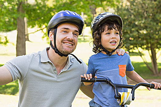微笑,男人,儿子,骑自行车