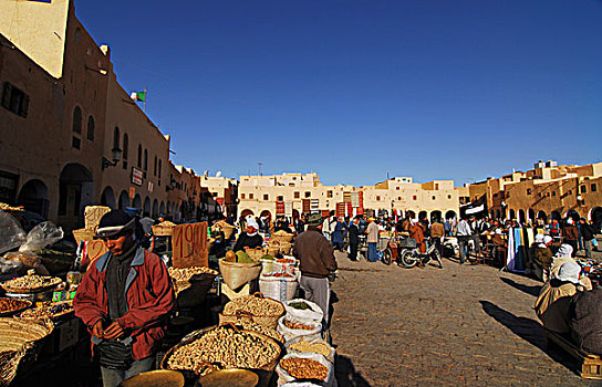 阿尔及利亚,人,市场,品种,可食,物体,放置,袋,出售