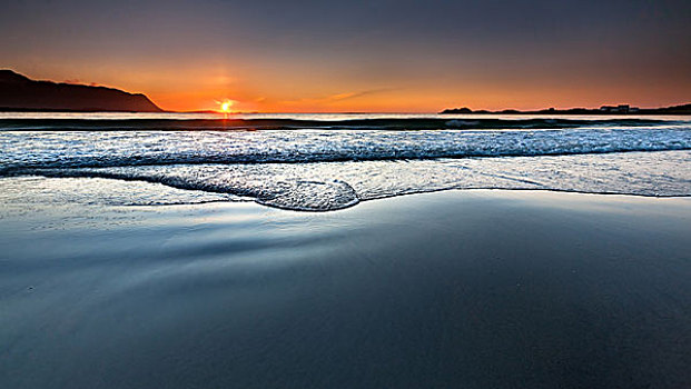 日落,海滩,罗弗敦群岛,诺尔兰郡,挪威,欧洲