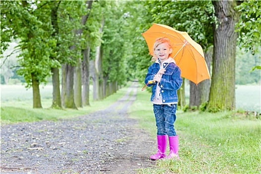 小女孩,伞,小路