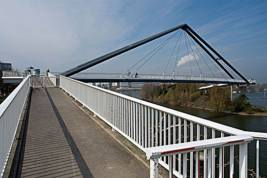 行人,桥,上方,莱茵河,米底海港,杜塞尔多夫,北方,德国,欧洲