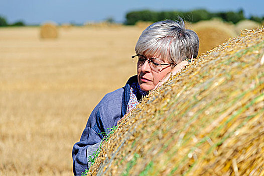 老人,女人,倚靠,大捆,稻草,休息,格雷芬布罗伊希,北莱茵威斯特伐利亚,德国,欧洲