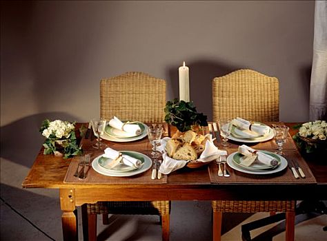 桌子,盘子,餐巾,燃烧,蜡烛