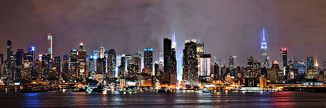 曼哈顿,市中心,摩天大楼,纽约,天际线,全景,夜晚,雾