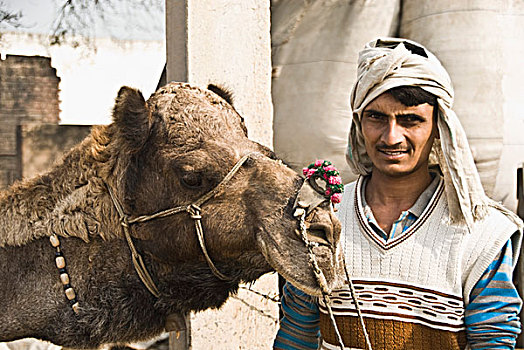 站立,男人,旁侧,骆驼,印度