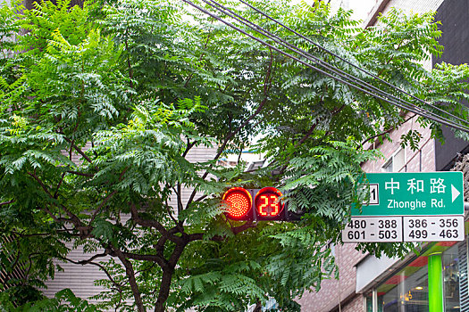 台湾台北的行人号志灯及路边的店招