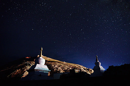 西藏纳木措的星空银河宝塔
