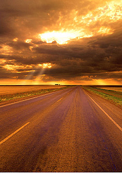 道路,阴天,日落,萨斯喀彻温,加拿大