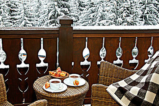 早餐,平台,冬天,木房子