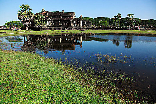 局部,吴哥窟,庙宇,靠近,水塘,收获,柬埔寨