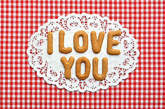 我爱你,书写,字母,饼干,纸,装饰垫布