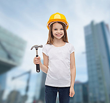 建筑,人,概念,微笑,小女孩,防护,头盔,锤子