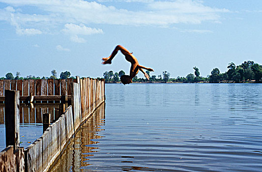 小,男孩,跳跃,水,水池,收获,柬埔寨,东南亚