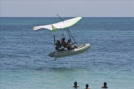 悬挂式滑翔机,降落,海洋,亮光,飞机,生活,船,瓦拉德罗,古巴,加勒比海,中美洲,北美