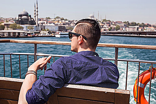 男青年,游客,乘客,渡轮,甲板,贝亚,土耳其
