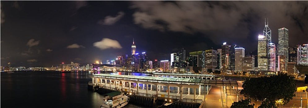 香港,中心,渡轮,码头,夜晚,全景