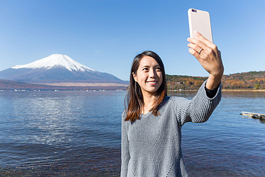 女人,手机,富士山